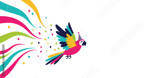 Festive celebration with vibrant parrot in party hat and confetti design illustration