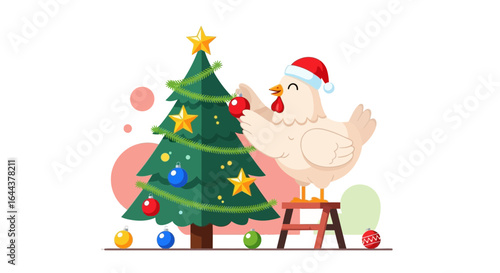 Festive chicken adorning a Christmas tree with ornaments and a Santa hat illustration