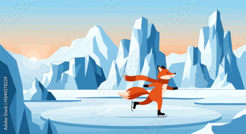 Happy Fox Enjoys Ice Skating Adventure Amidst Majestic Icebergs Landscape