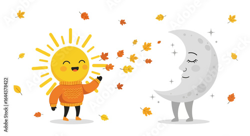 Happy Sun Sending Autumn Leaves To Sleeping Moon Character Cartoon