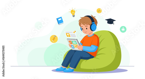 Happy Young Student Engaged in Digital Learning While Relaxing On Beanbag Chair