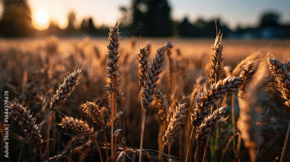 Fototapeta premium Close-up view of ripe golden wheat stalks swaying in an autumn field under warm sunset glow with distant trees and horizon in peaceful rural landscape scene