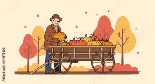 Harvest season illustration of a farmer with his pumpkin cart in the autumn field