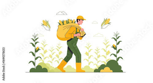 Harvest Time: A Vector Illustration of a Farmer Carrying Corn in a Field with Soft Colors