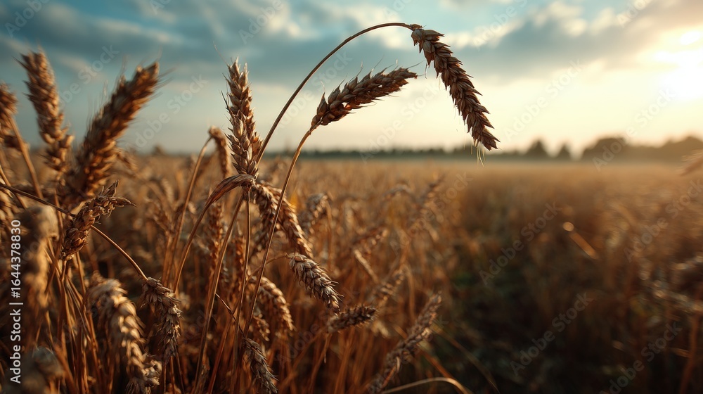 Obraz premium Close-up of tall golden wheat stalks swaying in the breeze du sunrise in a vast agricultural field with a clear sky and lush landscape background