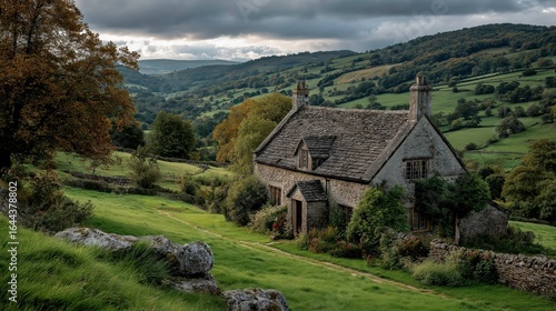 Wallpaper Mural Rustic Stone House in Green Rolling Hills Under Dark Cloudy Sky Torontodigital.ca