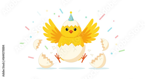 Festive Yellow Chick Emerging from Cracked Eggshell with Party Hat and Confetti Celebration