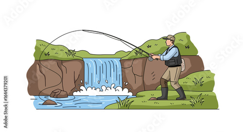 Fisherman casting rod by waterfall enjoying peaceful outdoor recreational activity