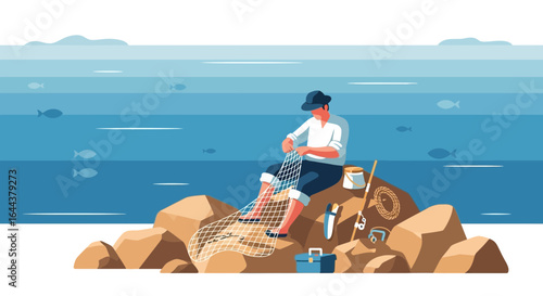 Fisherman Mending Net On Rocky Shoreline Creating Seascape Scene With Fishing Gear