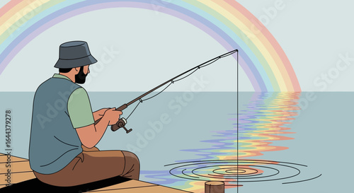 Fisherman silhouette fishing at the end of a dock in a rainbow reflection on the water