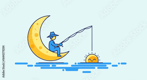 Fisherman sitting on the moon and fishing for the sun vector illustration
