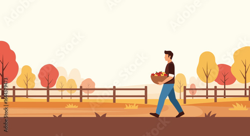 Flat vector illustration of a man harvesting apples in an autumnal landscape