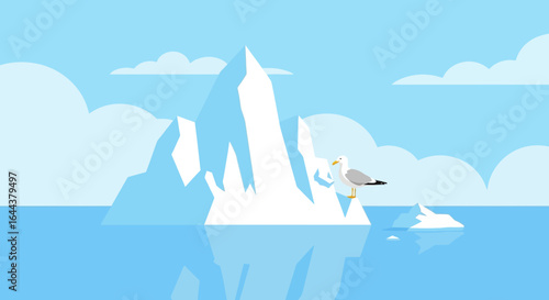 Flat vector illustration of an iceberg with a seagull in a vast blue ocean and cloudy sky peaceful nature illustration