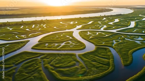Aerial View of Winding River Through Green Marshland at Sunset, Serene Landscape