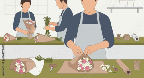 Florists creating flower bouquets with love and passion for customer satisfaction and sales