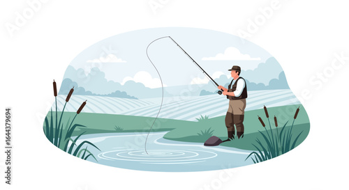 Fly fishing in a serene landscape illustration showcasing a skilled angler casting in a calm river