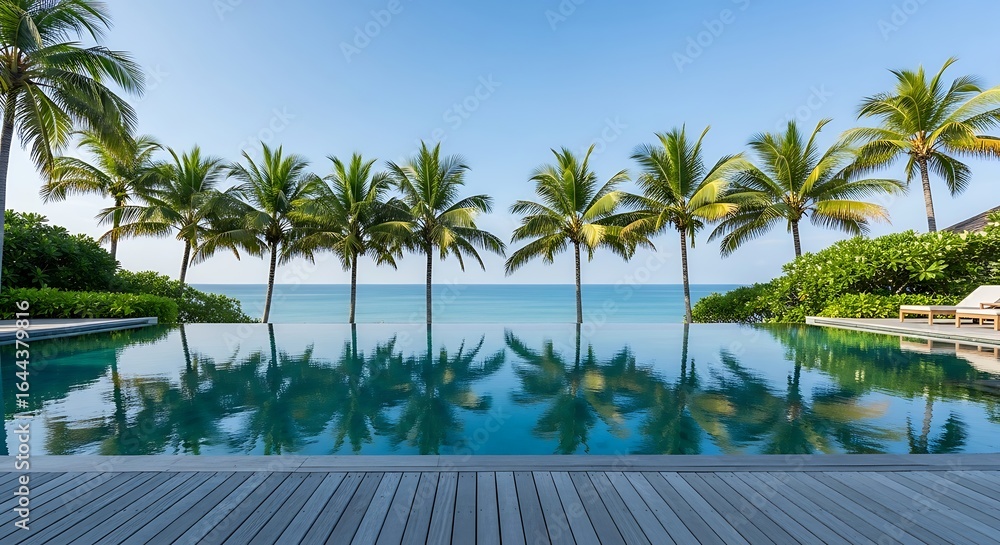 Fototapeta premium Luxurious infinity pool overlooking the ocean with palm trees and a clear blue sky, perfect for a tropical vacation