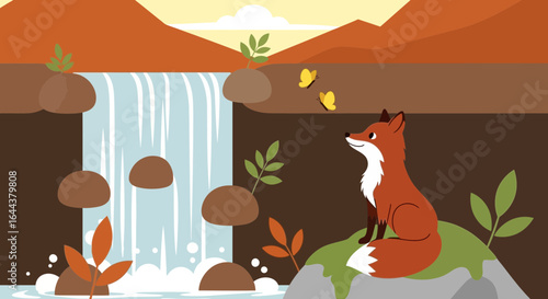 Fox enjoying the scenery near a waterfall amidst a peaceful autumnal landscape illustration