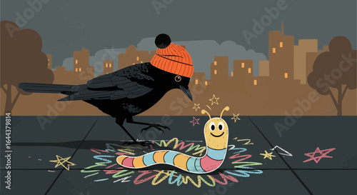 Humorous depiction of a crow with a hat meets a smiling worm in the city sidewalk setting