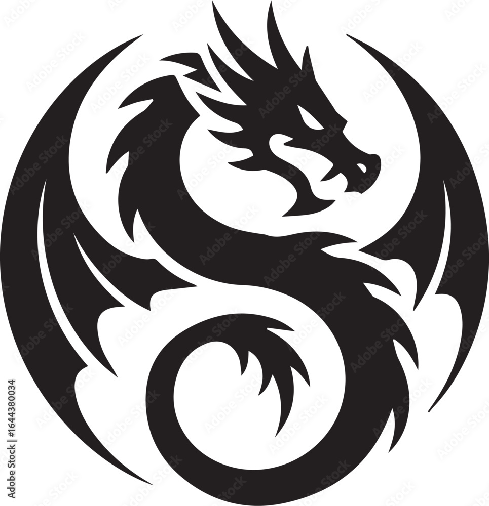 black and white stylized dragon silhouette logo emblem for fantasy design isolated vector illustration on white black and white stylized dragon silhouette logo emblem for fantasy design isolated vector illustration on white