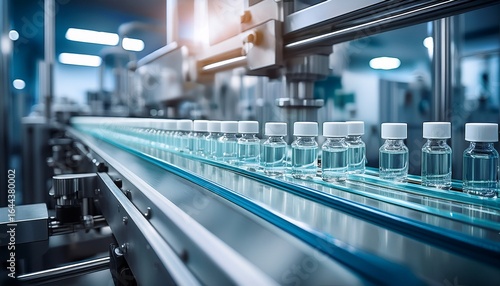 vials of new medication on a conveyor belt mass pharma industrial production