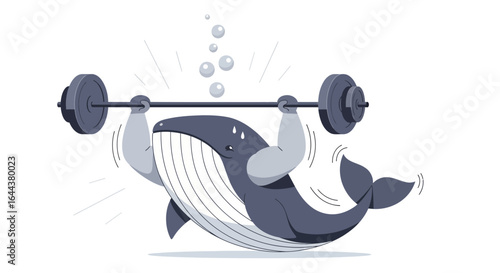 Humorous illustration of a strong whale lifting weights with powerful arms on a white backdrop