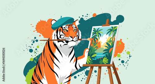 Humorous illustration of a tiger artist painting a tropical landscape scene using creative art techniques