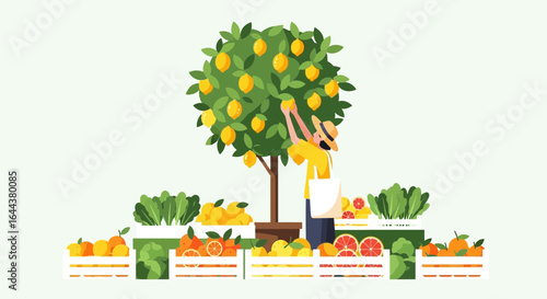 Fresh harvest farmer picking lemons from tree with organic fruits and vegetables market landscape farm vector illustration