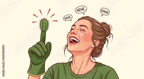 Humorous illustration of a woman laughing with a cactus on her finger funny design