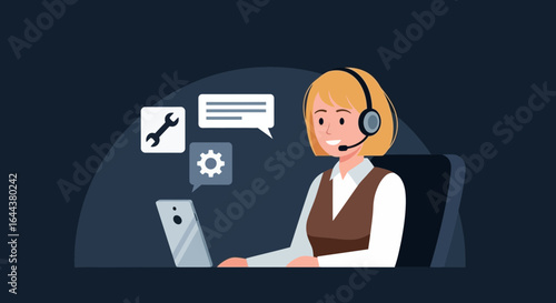 Friendly customer support representative assisting with technical issues online smiling and professionally engaged with clients