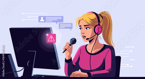 Frustrated customer service representative dealing with technical issues at work