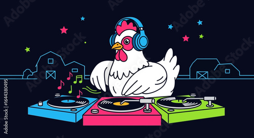 Funky farmyard: a cartoon chicken DJ mixing beats under starry skies with a rural backdrop