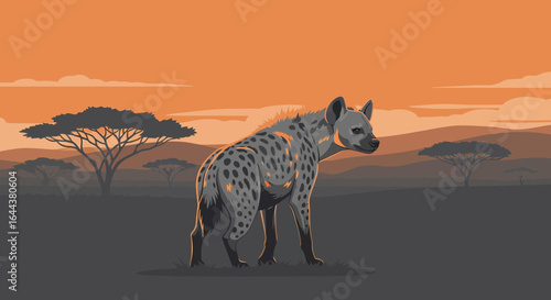Hyena in the African Savannah at Sunset: A Wildlife Illustration Depicting Nature