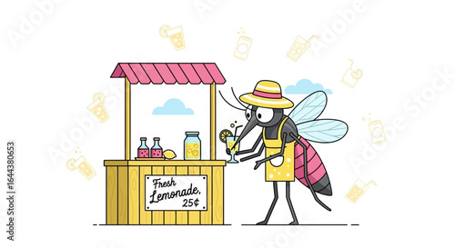 Funny cartoon illustration of a mosquito seller at a lemonade stand with lemonade icons around a mosquito vendor