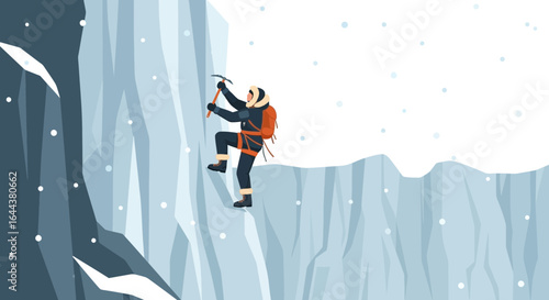 Ice climber ascending frozen mountain face, demonstrating winter mountaineering skill, in snowy conditions challenging terrain