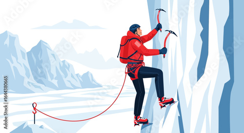 Ice Climber Ascending Frozen Waterfall Vector Illustration for Extreme Sports