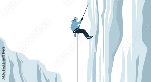 Ice climber descending cliff face with rope in icy wilderness landscape climbing extreme sports and dangerous recreation