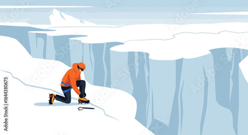 Ice climber preparing for the ascent on a glacier wall in a remote arctic landscape in winter adventure expedition