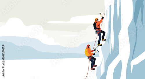 Ice Climbers Ascending Frozen Cliff In Winter Season Adventure Together