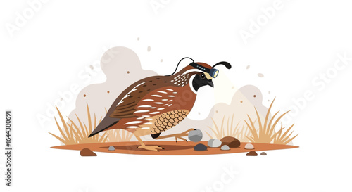 Funny cartoon quail with headlamp foraging for food in the wild habitat setting