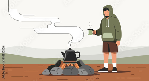 Illustrated camping scene featuring a man enjoying coffee near a campfire in nature