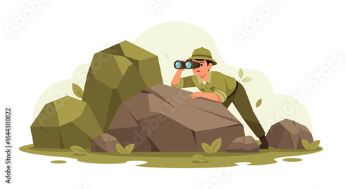 Illustrated Explorer Discovering Wildlife Using Binoculars Amongst Rocky Terrain