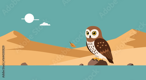 Illustrated desert scene featuring an owl perched on a rock against a backdrop of sand dunes and clear sky