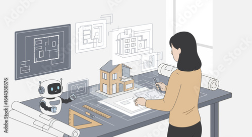 Futuristic architectural design collaboration with robot and human innovation studio