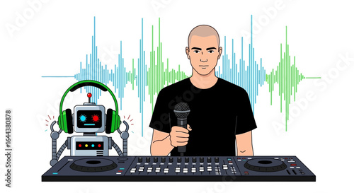 Futuristic audio creator with robotic assistant working on a new track and sound waves