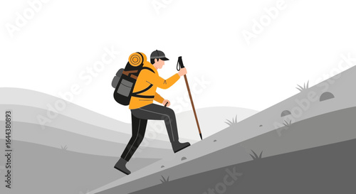 Illustrated hiker conquering a mountain trail with determination and gear for an outdoor adventure challenge symbolizing achievement and nature exploration