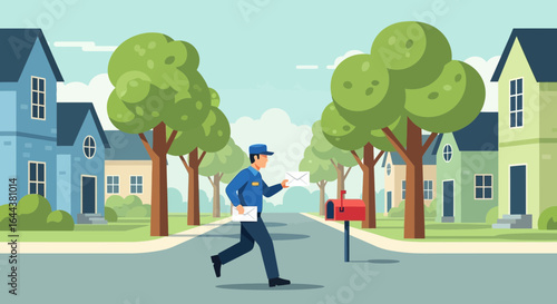 Illustrated scene depicting a postman delivering mail in a suburban neighborhood setting with homes