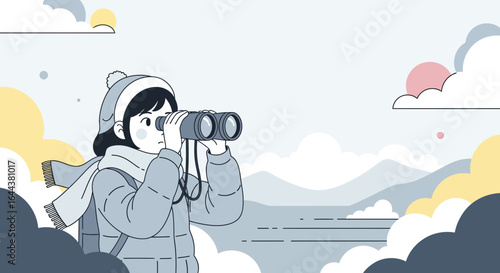 Illustrated scene of a woman exploring nature with binoculars in winter wear watching horizon