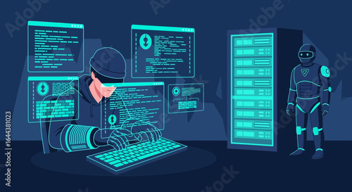 Futuristic Cyber Security Concept Illustration Depicting Hacker and AI Robot Facing Off In A Server Room