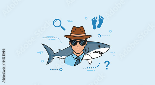Illustrated spy character with a shark: A humorous and creative visual concept